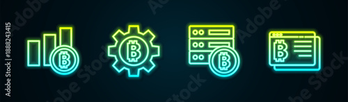 Set line Pie chart infographic bitcoin, Cryptocurrency Bitcoin, Server and browser. Glowing neon icon. Vector
