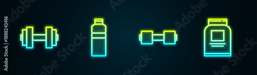 Set line Dumbbell, Fitness shaker, and Sports nutrition. Glowing neon icon. Vector