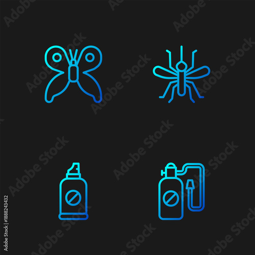 Set line Pressure sprayer, Spray against insects, Butterfly and Mosquito. Gradient color icons. Vector