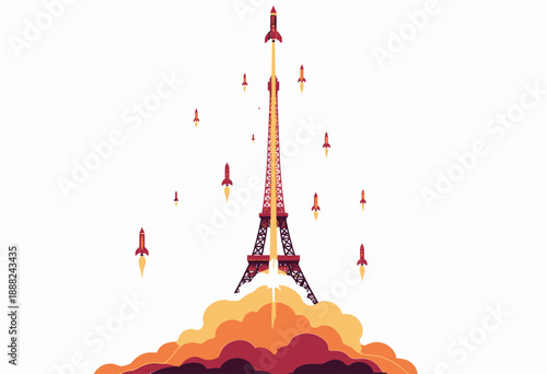 Imaginative Illustration of a Rocket-Powered Structure Soaring Above a Vibrant Cloudscape with Smaller Rockets Launching in Unison