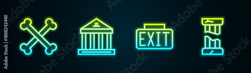 Set line Crossed human bones, Museum building, Exit sign and Broken ancient column. Glowing neon icon. Vector