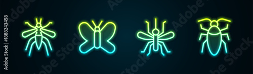Set line Mosquito, Butterfly, and Cockroach. Glowing neon icon. Vector