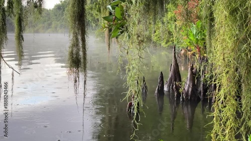 Calm rain falls on a quiet swamp with cypress knees rising from dark green water and long Spanish moss hanging over the shore. Mist, ripples, and wet plants create a peaceful Florida wetland nature