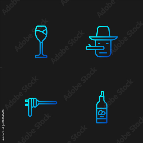 Set line Bottle of olive oil, Pasta spaghetti, Wine glass and Pinocchio. Gradient color icons. Vector