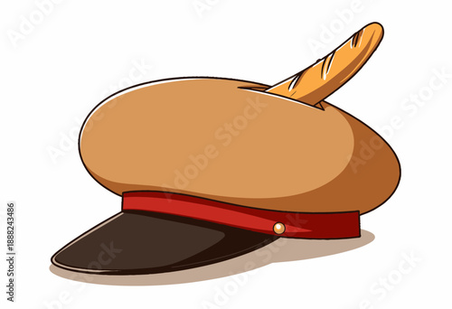 Humorous Illustration of a Hat Shaped Like a Bagel with a Baguette Perched on Top, Blending Food and Fashion in a Whimsical Artwork