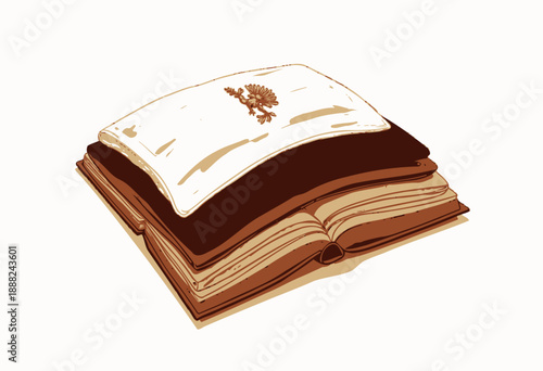 Intricately Stacked Books with a Distinctive Pillowcase Featuring a Royal Emblem Resting on Top in a Scholarly Setting