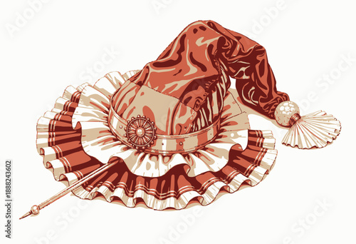 Detailed Illustration of a Court Jester Hat Featuring Vibrant Colors and Ornate Design Elements Displaying Renaissance Thematic Style and Artistry