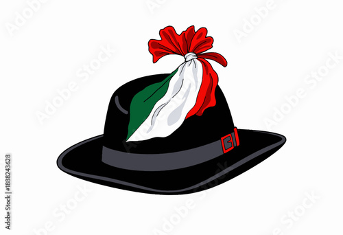 Illustration of a Black Felt Hat Decorated with a Tricolor Ribbon in Red, Green, and White Featuring a Gold Buckle on a White Background