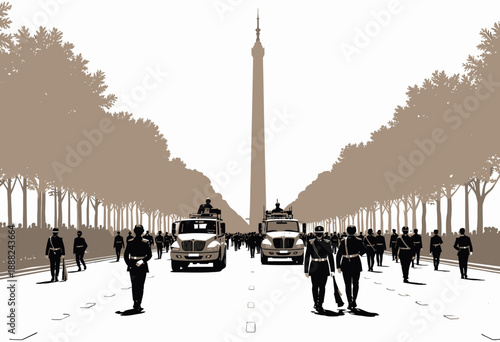 Uniformed Parade Marching Along a Tree-Lined Avenue with Tall Monument in the Background Under Clear Skies