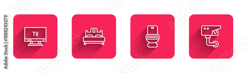 Set line Smart Tv, Bedroom, Toilet bowl and Security camera with long shadow. Red square button. Vector