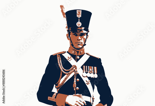 A ceremonial guard in a historic military uniform with medals, showcasing traditional attire with intricate detailing and symbolic accessories