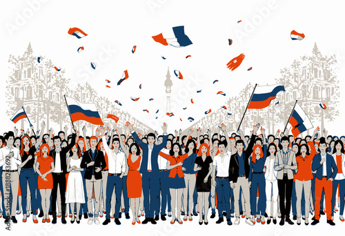 Crowd of Diverse People Celebrating with Flags and Cheers in a Joyous Gathering Outdoors under Sunny Skies