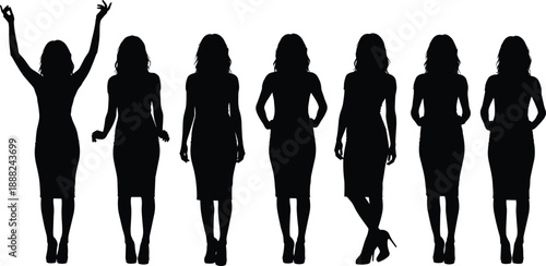 Black silhouettes of women in elegant poses, group of female figures standing and celebrating, versatile lady shapes for fashion design and vector graphics