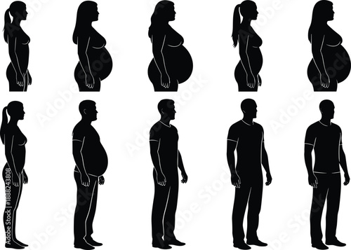 Black silhouettes showing pregnancy stages and body transformation, set of pregnant woman growth and male fitness progress, human biology and health vector illustration
