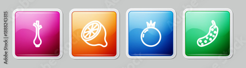Set line Fresh green onions, Lemon, Tomato and cucumber. Colorful square button. Vector