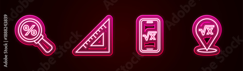Set line Magnifying glass with percent, Triangular ruler, Square root of x glyph and . Glowing neon icon. Vector