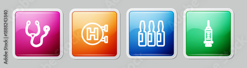 Set line Stethoscope, Hospital signboard, Medical vial, ampoule and Syringe. Colorful square button. Vector