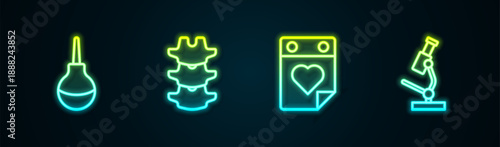 Set line Enema, Human spine, Doctor appointment and Microscope. Glowing neon icon. Vector