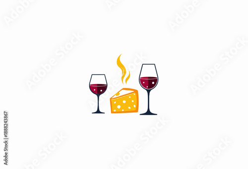 Artistic Illustration of Two Glasses of Red Wine and Cheese with a Minimalist White Background