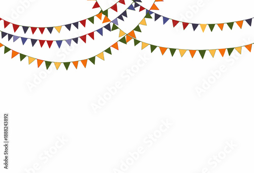 Festive Hanging Bunting Decor in Vibrant Multicolored Triangular Flags Set Against a Clean White Background Creating a Cheerful Celebration Atmosphere