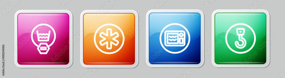 Obraz premium Set line Delicate wash, Medical symbol of the Emergency, Microwave oven and Industrial hook. Colorful square button. Vector