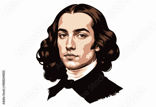 Realistic Illustration of a Historical Figure with Long Hair and Classic Attire in a Formal Portrait Style
