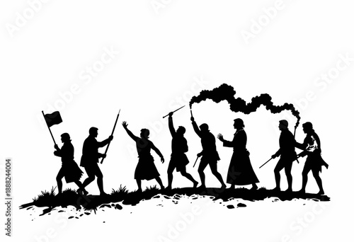 Silhouetted Figures Marching with Flags and Weapons Depicting Revolutionary Movement Against Stark White Background