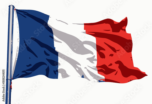 Vibrant French Flag Waving Majestically Against a Clear Sky, Embodying National Symbolism and the Rich Heritage of France in Red, White, and Blue Stripes