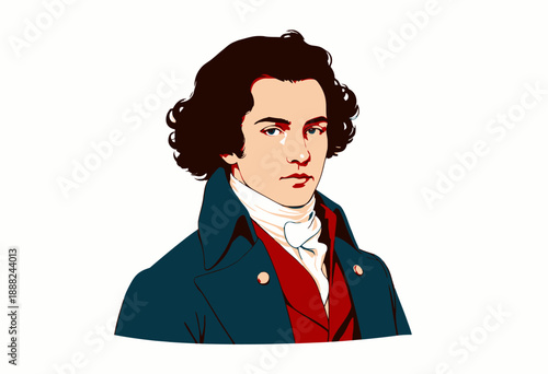Illustration of a 19th-century gentleman with curly hair, wearing a blue coat and red waistcoat, showcasing historical fashion and elegance
