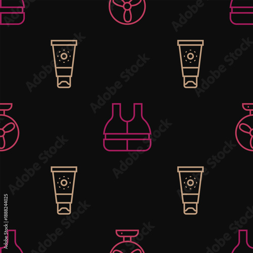 Set line Electric fan, Sunscreen cream in tube and Life jacket on seamless pattern. Vector