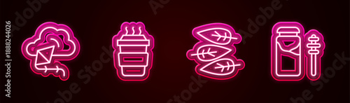Set line Kite, Coffee cup to go, Leaf or leaves and Jar honey and dipper stick. Glowing neon icon. Vector