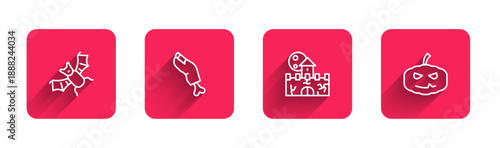 Set line Flying bat, Zombie finger, Castle, fortress and Pumpkin with long shadow. Red square button. Vector