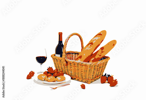 Rustic Picnic Setting with Wicker Basket, Fresh Baguettes, Strawberries, Pastries, Wine Bottle, and Glass of Red Wine for a Delightful Outdoor Experience