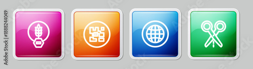 Set line Gluten free grain, QR code, Social network and Scissors with cut line. Colorful square button. Vector