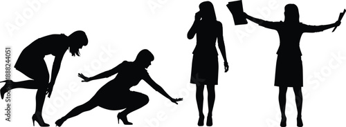 Collection of black children silhouettes, crawling baby, little girl holding balloons, standing boy and young girl, isolated on white background, vector illustration design set