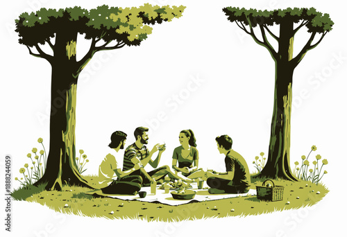 Group of friends enjoying a sunny outdoor picnic under the shade of two large trees, surrounded by colorful flowers, laughter, and a shared meal on a grassy area