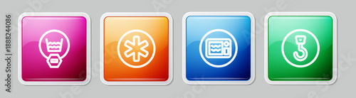 Set line Delicate wash, Medical symbol of the Emergency, Microwave oven and Industrial hook. Colorful square button. Vector