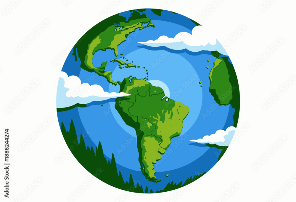 Naklejka premium Illustration of Planet Earth Showing North and South America Highlighting Green Land Masses Against Blue Oceans Surrounded by Fluffy White Clouds