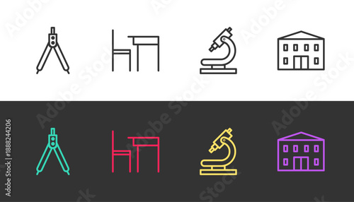 Set line Drawing compass, School table and chair, Microscope and building on black and white. Vector