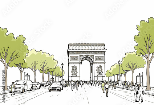 Vibrant Urban Scene with Iconic Archway Surrounded by Lush Trees and Busy Pedestrian Pathway on a Bright Day