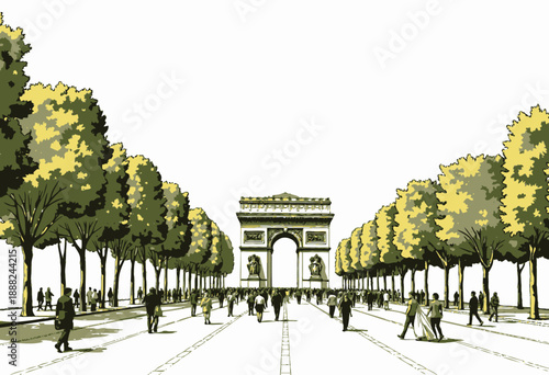 Vibrant Avenue Lined with Lush Trees Leading to Historical Monument Crowded with Pedestrians Under Clear Blue Skies