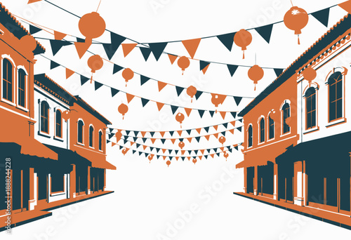 Vibrant Festival Street with Colorful Bunting and Lanterns Hanging Between Two Rows of Traditional Buildings with Colorful Facades