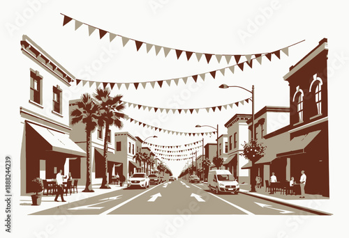 Charming Small Town Street with Colorful Bunting and Lively Atmosphere Under Clear Skies Lined with Cafes and Shops on a Bright Day