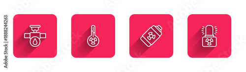 Set line Industry pipe and valve, Meteorology thermometer, Nuclear energy battery and Radioactive warning lamp with long shadow. Red square button. Vector