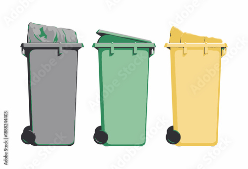Illustration of Colorful Waste Bins Featuring Gray, Green, and Yellow Containers with Lids for Sorting and Managing Different Types of Recyclable Materials