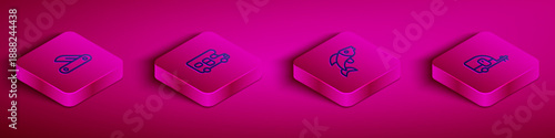 Set Isometric line Swiss army knife, RV motorhome vehicle, Fish and Rv Camping trailer icon. Vector