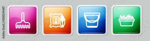 Set line Garden rake, Corn in the sack, Bucket and Fresh grass rectangular. Colorful square button. Vector