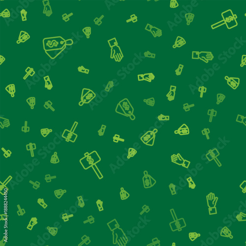 Set line Price tag with Sale, Hand holding auction paddle and on seamless pattern. Vector