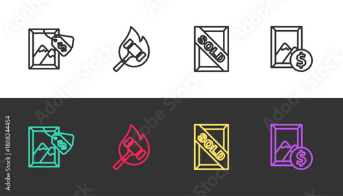 Set line Auction painting, hammer, sold and on black and white. Vector