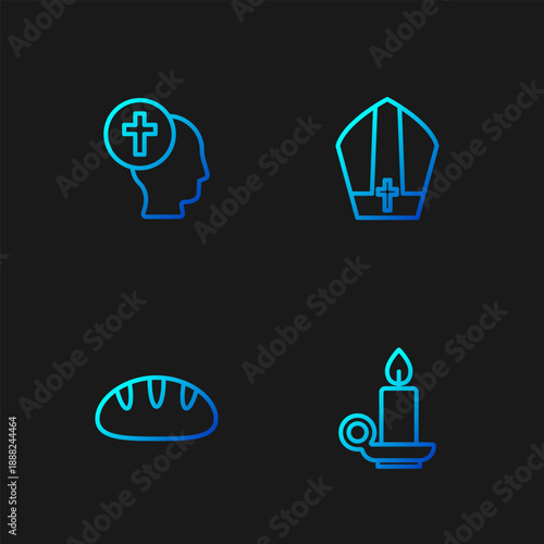 Set line Burning candle in candlestick, Christian bread, Priest and Pope hat. Gradient color icons. Vector